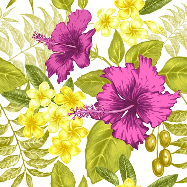 Fleurs exotiques Hibiscus Palm Leaves Floral Vector Seamless Pattern pour textiles papier peint