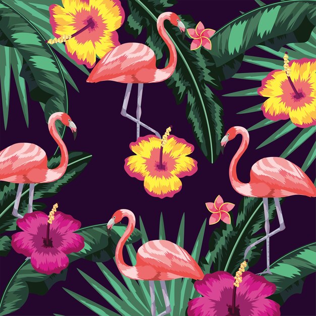 Fleurs avec fond de plantes et de flamants roses