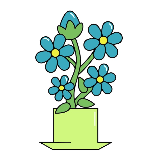 Vecteur fleurs fraîches bouquets abstraits bleus vases géométriques avec des bouquets de fleurs dans un dessin animé à la mode