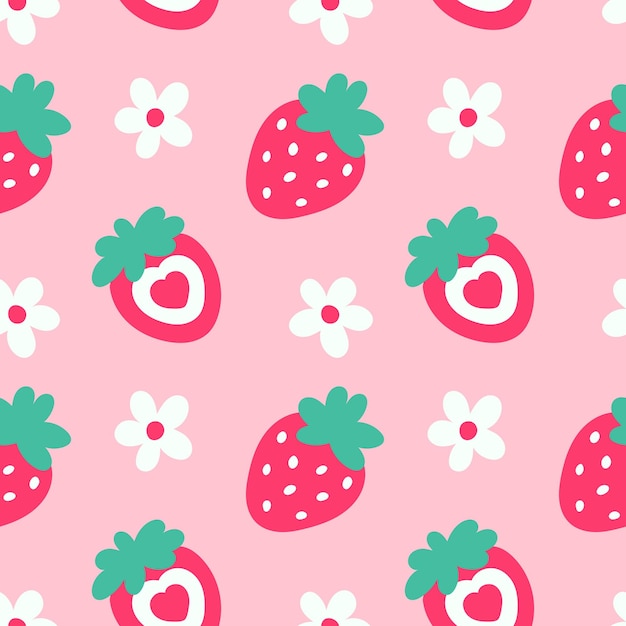 Fleurs De Fraise D'été Modèle Vecteur Sans Couture Enfants39s Arrière-plan Répétitif Avec Des Fruits D'été Sur Rose Design Mignon Pour L'emballage De Cadeau En Tissu