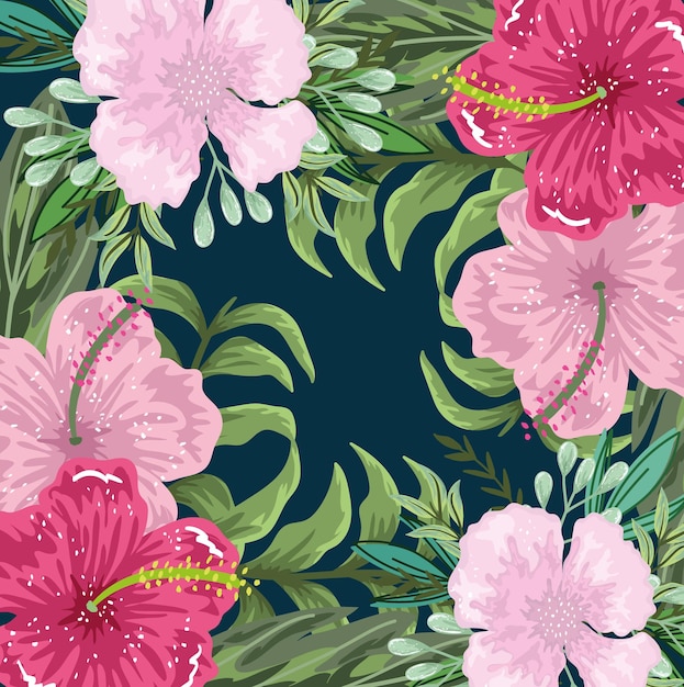 Fleurs Hibiscus Exotiques Et Fond De Décoration De Feuillage, Peinture D'illustration