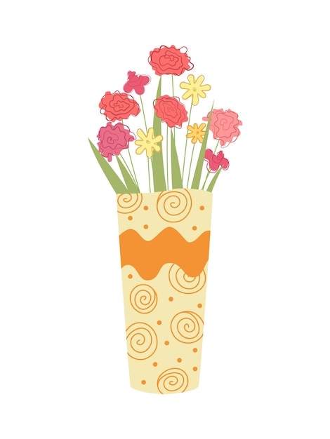 Fleurs d'illustration vectorielle en pot ou vase pour des vacances, composition de plantes, feuilles. Décoratif