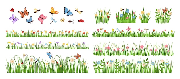 Fleurs De Jardin Au Début Du Printemps Plantes En Fleurs De Forêt Et De Jardin Avec Insectes Et Ensemble De Vecteurs De Dessin Animé D'herbe Verte