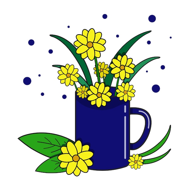 Vecteur fleurs jaunes dans une tasse bleue