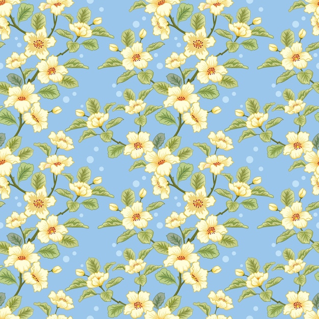 Fleurs jaunes et feuille verte sur le modèle sans couture de fond de couleur bleue