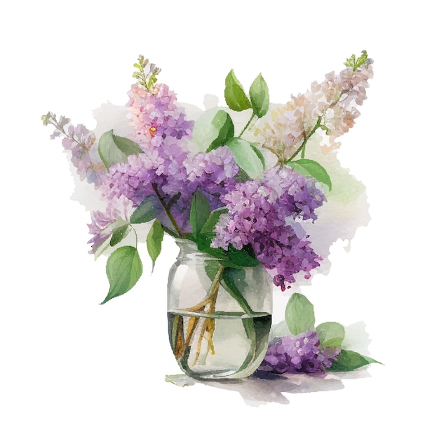 Fleurs Lilas Aquarelle En Vase Vecteur Isolé Sur Fond Blanc