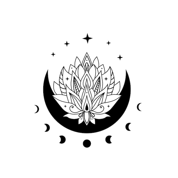 Vecteur fleurs de lotus avec croissant de lune et étoiles