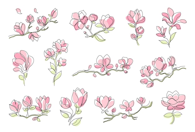 Vecteur fleurs de magnolie art de ligne florale délicate branches de magnolia en fleurs pour les invitations de mariage sur le thème du printemps ou les dessins de cartes de vœux set de vecteurs décoratifs