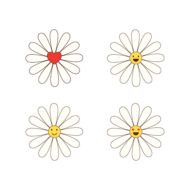 Vecteur fleurs de marguerite de dessin animé mignon mis illustration vectorielle drôle de fleurs de camomille avec des visages souriants