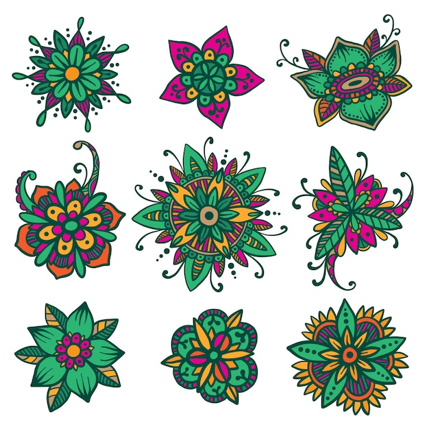 Fleurs De Mehndi Dessinées à La Main Tatouage Au Henné Griffonnages De Fleurs Orientales Modèle De Livre De Coloriage Anti-stress