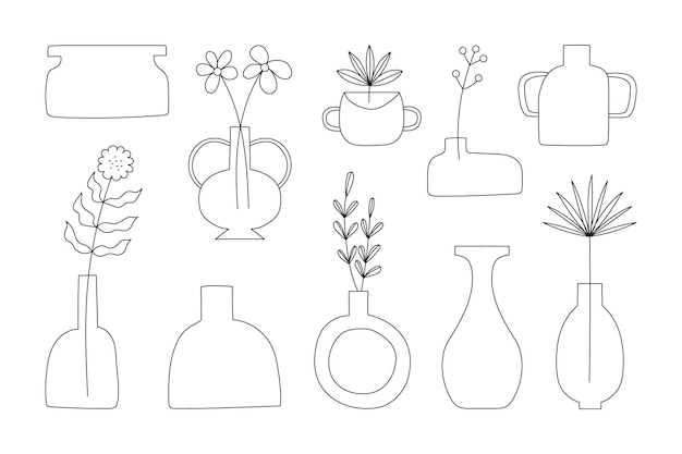 Les fleurs de Memphis quittent la plante d'intérieur dans des vases et l'illustration de la forme de la ligne de poterie