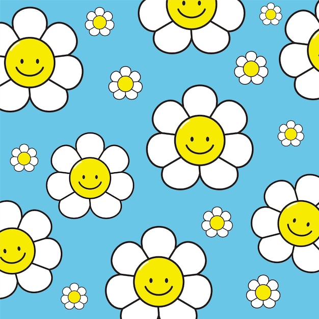 Vecteur fleurs mignonnes avec des visages souriants drôles de dessin animé sur le motif de fond bleu. kawaii de dessin animé de vecteur