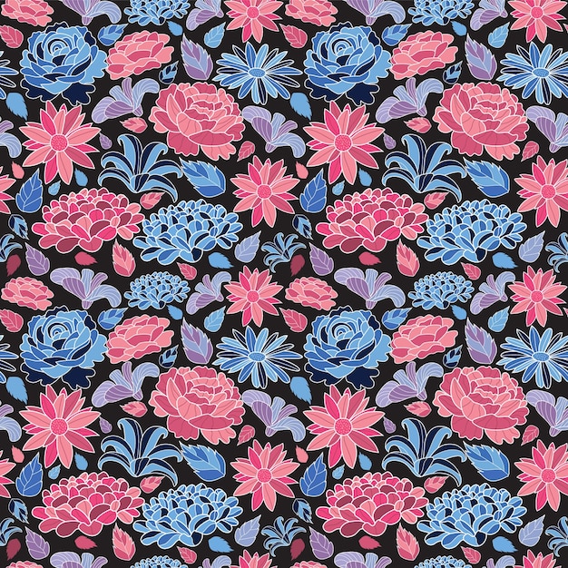 Vecteur fleurs de mosaïque colorées vectorielles motif sans couture feuilles dessinées à la main et art de ligne et fond noir