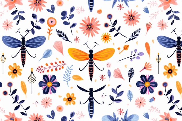 Les fleurs à motifs sans couture Les libellules