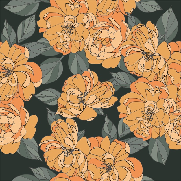 Fleurs orange clair avec des feuilles dessinant un motif transparent sur fond sombre