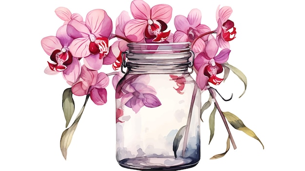 Fleurs d'orchidées aquarelles dans un pot en verre Belle peinture de fleurs d'orchidées dans un pot