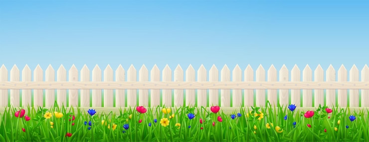 Vecteur fleurs de palissade en bois et herbe verte barrière vectorielle avec prairie jardin ou pelouse d'arrière-cour
