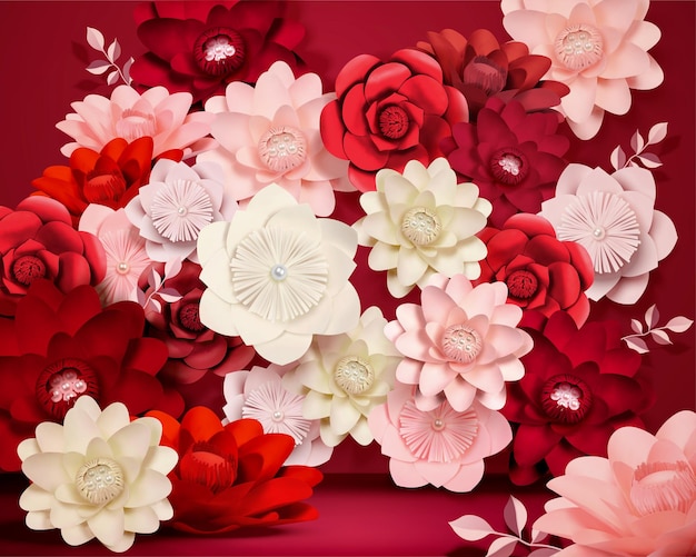 Fleurs en papier rose et rouge en 3d