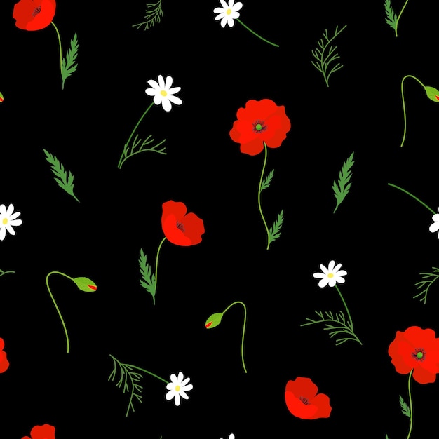 Des fleurs de pavot et de camomille sur un fond noir Motif vectoriel sans couture