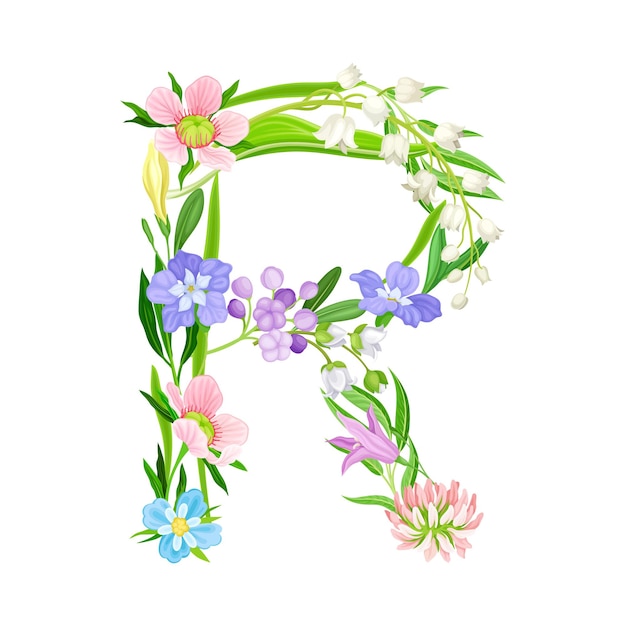Des fleurs et des plantes fraîches disposées en forme de lettre d'alphabet Illustration vectorielle