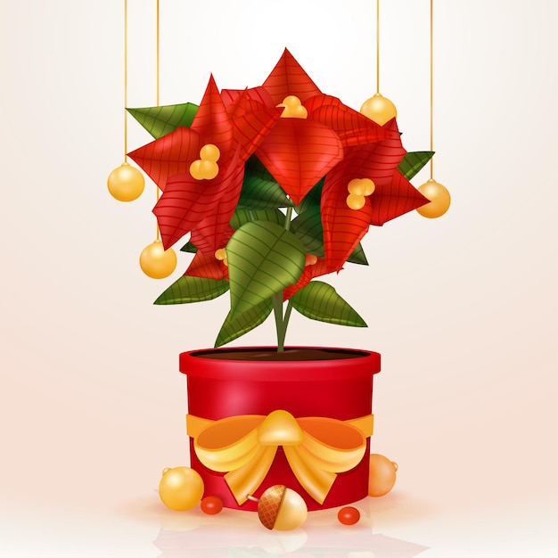 Vecteur des fleurs de poinsettia dans des pots de fleurs en forme de cadeau avec des éléments de boule de cloche de noël vecteur 3d