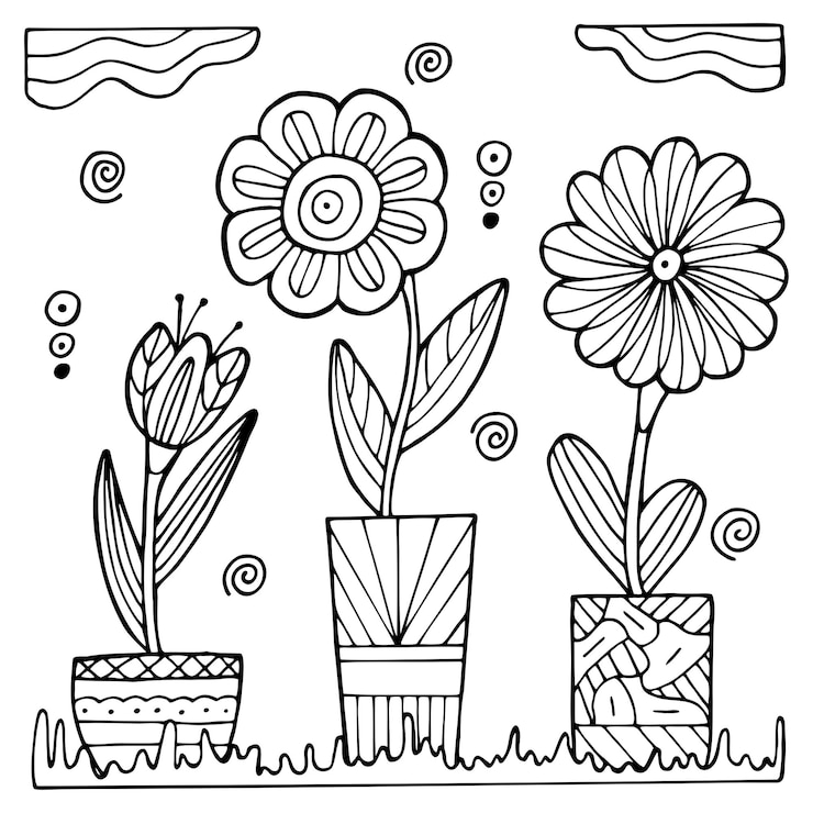 Vecteur fleurs en pot dessinées à la main sur un fond blanc isolé livre de coloriage pour enfants et adultes