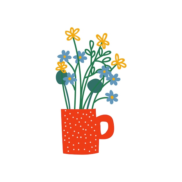 Fleurs De Prairie De Printemps Ou D'été Dans Une Tasse Rouge Beau Bouquet De Fleurs Fraîches Illustration Vectorielle