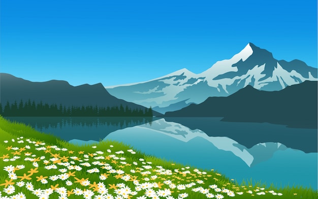 Vecteur fleurs de printemps avec paysage de montagne