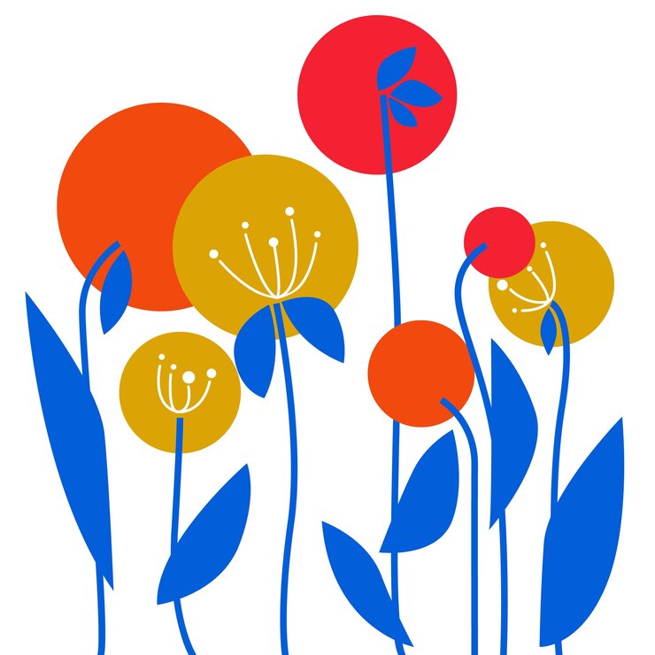 Vecteur fleurs rondes stylisées lumineuses avec des feuilles sur fond blanc