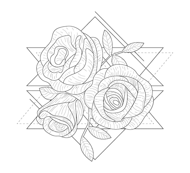 Vecteur fleurs de rose dans des formes géométriques triangulaires illustration vectorielle monochrome dessinée à la main sur fond blanc