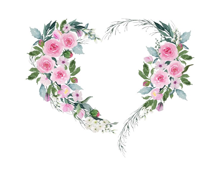 Vecteur fleurs roses roses avec bordure en forme de coeur aquarelle dessin docoration article