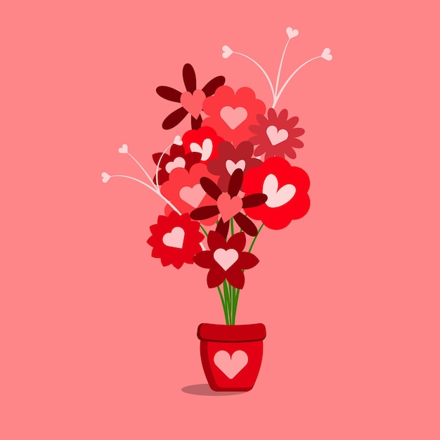 Fleurs rouges en forme de coeur dans un pot de fleur Symbole d'amour et de romance Design plat Illustration vectorielle isolée
