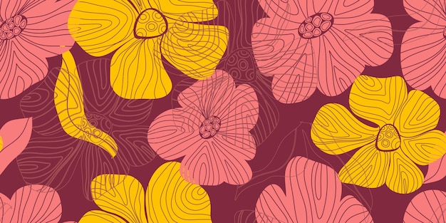 Fleurs simples et feuilles et points Texture granuleuse style dessin animé Doodle texture grunge crayon de couleur crayon de peinture vieille texture crayon pastel motif sans couture vecteur