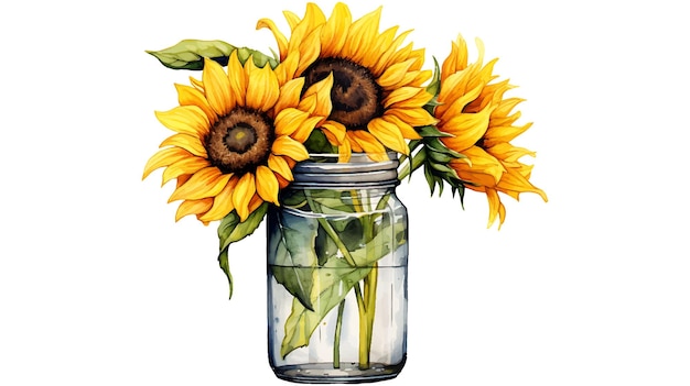 Fleurs de tournesol aquarelle dans un bocal en verre Belle peinture fleurs de tournesols dans un bocal