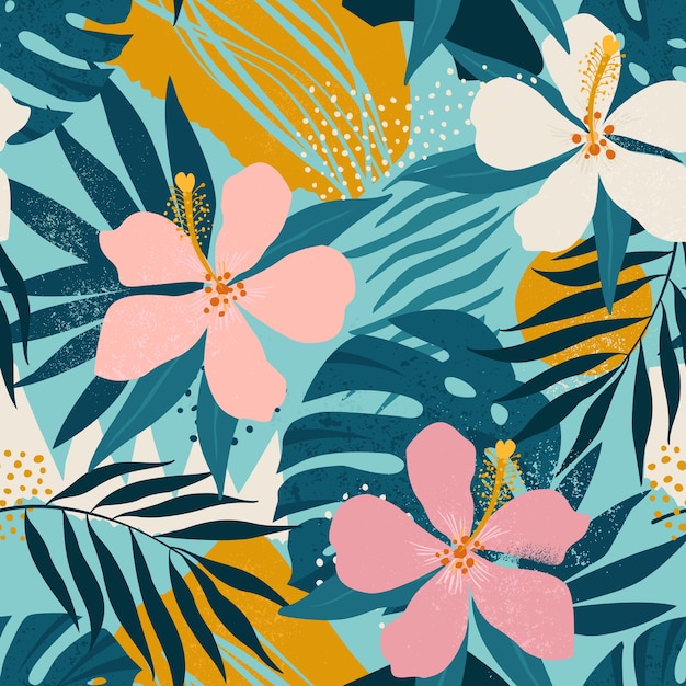 Fleurs tropicales et feuilles de palmier artistique Modèle sans couture.