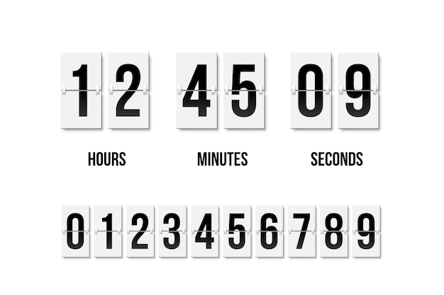 Flip clock montrant combien de temps heures minutes et secondes avec des chiffres noirs dans un style rétro