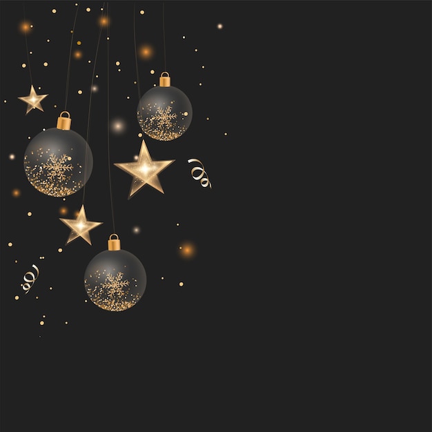 Des Flocons De Neige Dorés à L'intérieur Des Boules Transparentes 3d Sont Suspendus Avec Des Guirlandes Lumineuses En étoile Sur Fond Noir.