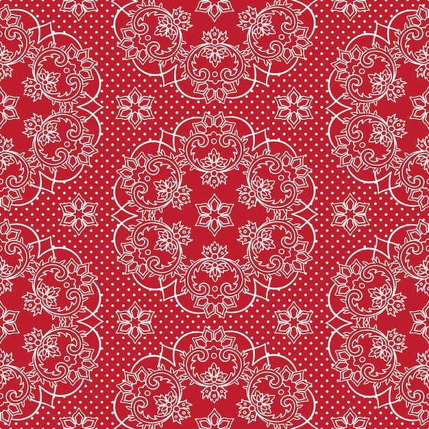 Flocons De Neige De Modèle Sans Couture Et Pois Sur Fond Rouge Vecteur Tissu De Dentelle De Noël Ou Illustration De Conception De Papier D'emballage