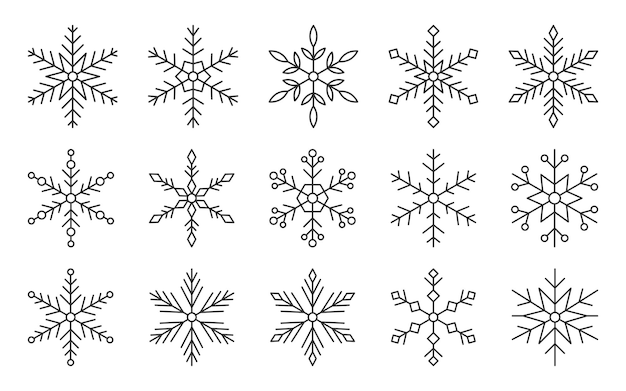 Vecteur flocons de neige neige noël symbole fine ligne noire ensemble