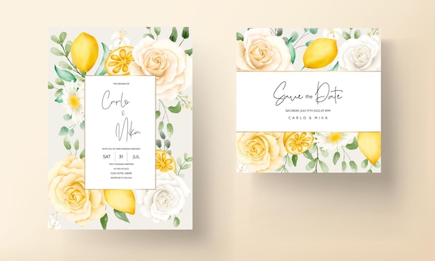 Floral Aquarelle D'été Avec Jeu De Cartes De Mariage Botanique Citron Fruit