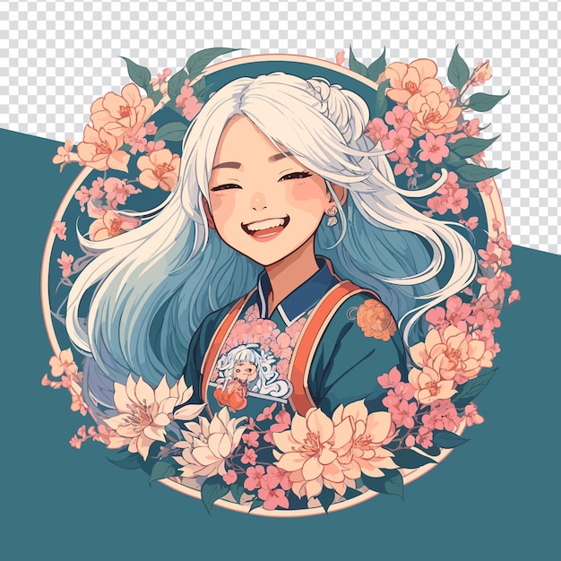 Floral Fantasy Vector Illustration Of Adorable Anime Girl With White Hair Idéal Pour Les Logos