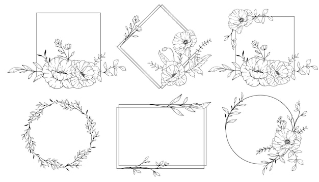 Floral Frames Line Art Fine Line Poppy Frames Hand Drawn Illustration Outline Leaves and Flowers