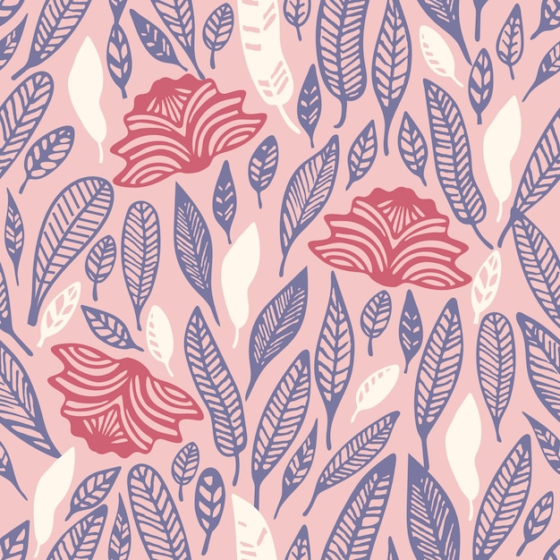 Floral Leaves Seamless Pattern Avec Des Fleurs épanouies Dessinées à La Main