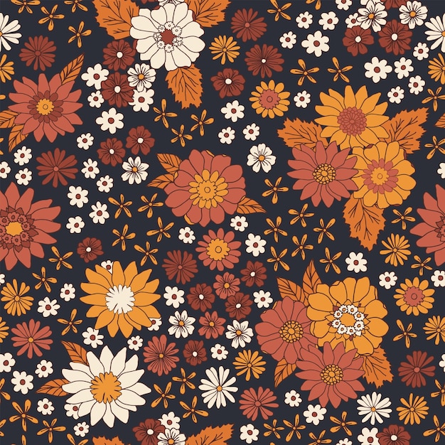 Floral vintage seamless Boho vector background Hippie flower power impression textile rétro