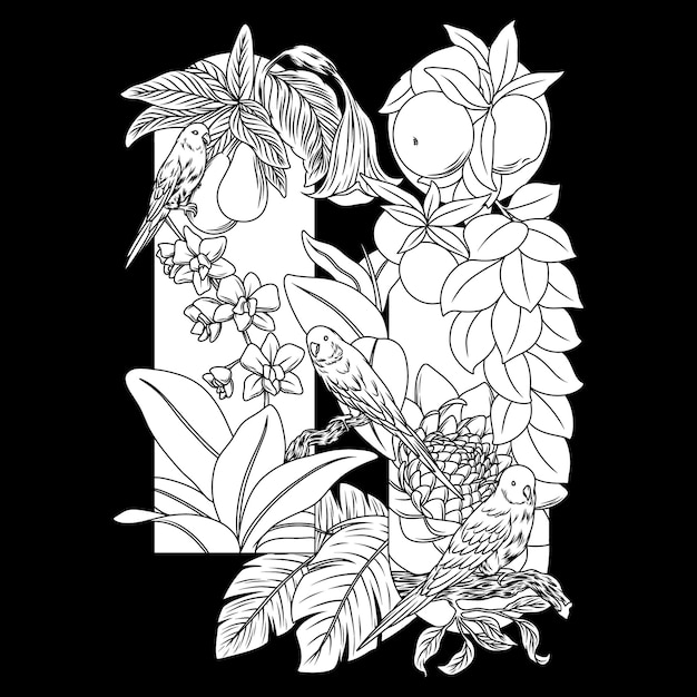 Vecteur flore d'oiseau tropical illustration en noir et blanc