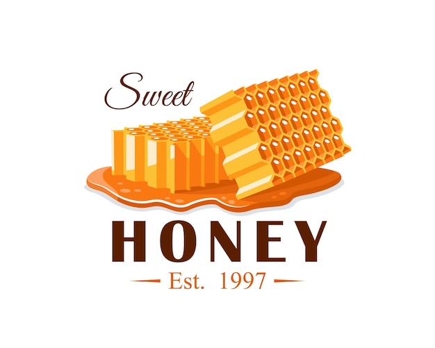 Flux de miel avec nid d'abeille sur fond blanc. Étiquette de miel, logo, concept d'emblème. illustration