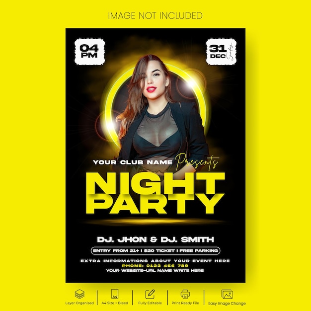 Flyer ou affiche d'impression de fête en boîte de nuit et modèle vectoriel d'affiche de fête de club à fond sombre