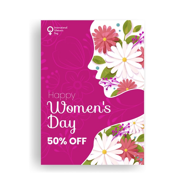 Vecteur flyer ou affiche d'impression de la fête de la femme avec un visage féminin à l'arrière-plan illustré d'une fleur réaliste