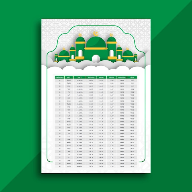 Flyer Ou Affiche Sur Le Thème Du Calendrier Du Ramadan En Vert Blanc Avec Vecteur De Mosquée