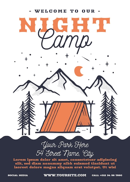 Flyer De Camp De Festival De Nuit D'été Format A4. Conception Graphique D'affiche Aventure Vie De Tente Avec Scène De Forêt Et Texte. Carte Rétro Stock.